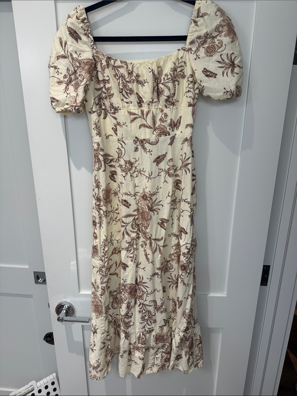 Women's Cream Floral Puff-Sleeve Midi Dress